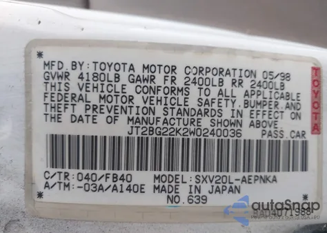 1998 Toyota Camry Le z USA, uszkodzony, nr VIN JT2BG22K2W0240036